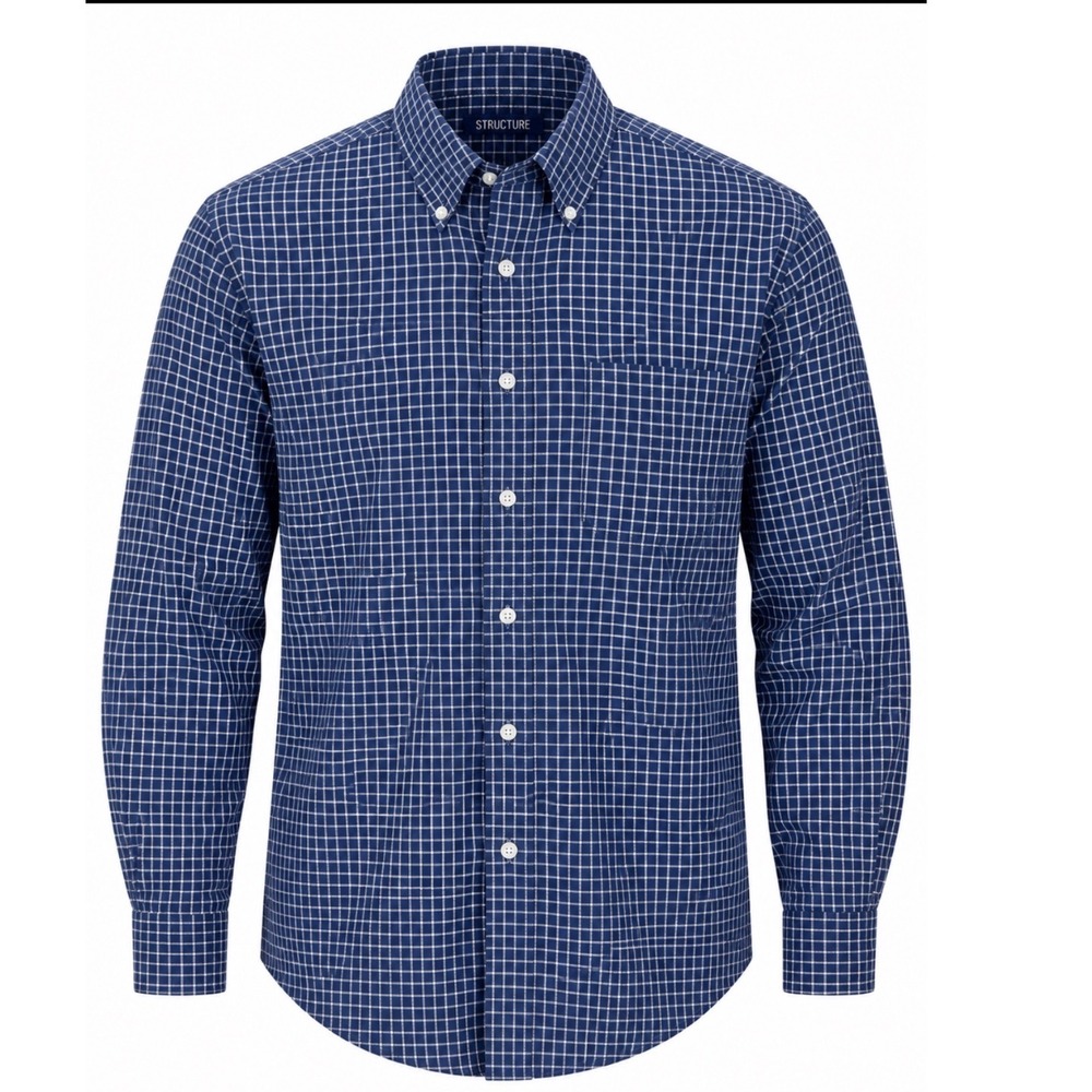 Structure Mens Large Long Sleeve Button Down Shirt Navy Blue Grid Check Cotton